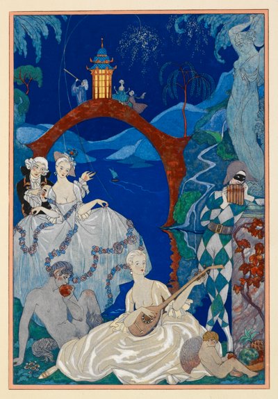 Claire de Lune. Una hermosa mujer tocando la mandolina. Un fauno sentado a su lado. Un arlequín. Todo en un paisaje. de Georges Barbier