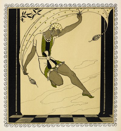 "Cleopatre". Una bailarina de la producción de Anton Arensky de 1909 que lleva un traje corto blanco, verde y negro atado a la cintura, zapatos verdes y un sombrero blanco estampado. de Georges Barbier