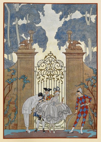 Colombine. Gente de pie frente a una puerta. Un Pierrot. de Georges Barbier