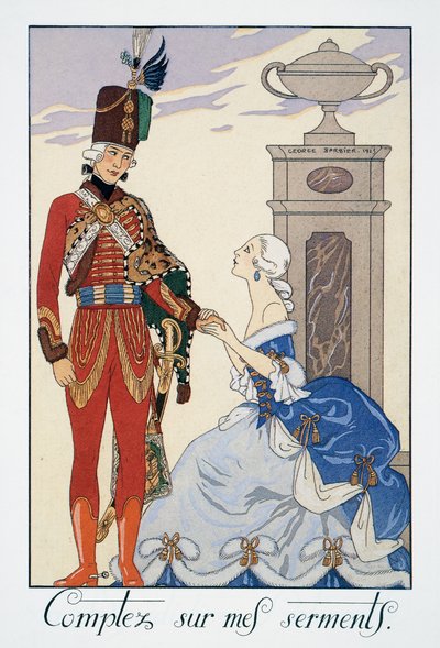 Comptez sur mes serments (Te seré fiel), húsar húngaro, litografía de George Barbier (1882-1932), de Falbalas et Fanfreluches, Almanach des Modes Presentes, Passees et Futures de Georges Barbier