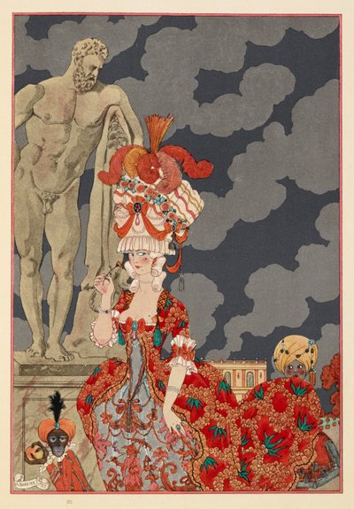 Cortège. Una atractiva mujer con un vestido rojo y un elaborado sombrero.
Un pequeño mono y un niño. de Georges Barbier