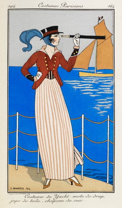 Costume de Yacht: veste de drap, jupe de toile, chapeau de cuir. Una mujer con un traje de yate: chaqueta de tela roja, falda de lino a rayas, sombrero de cuero y pañuelo azul. Está usando un telescopio, apuntando al barco del fondo. Trajes parisinos. de Georges Barbier