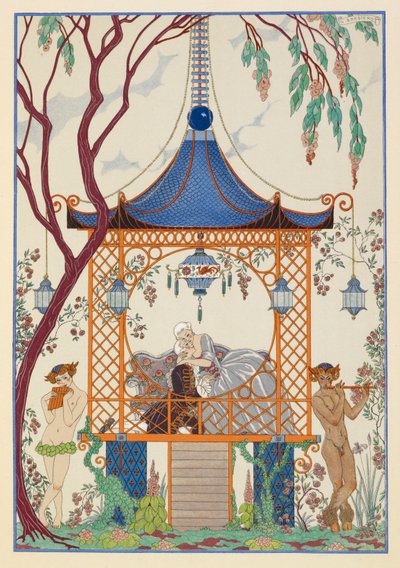 Cythère. Un hombre y una mujer en un pabellón, abrazados. Criaturas míticas en el exterior, tocando la gaita. de Georges Barbier