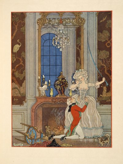 Danceny declarando su amor a Cecile, Ilustración de "Les Liaisons Dangereuses" de Pierre Choderlos de Laclos (1741-1803) pub. 1934 (impresión en pochoir) de Georges Barbier