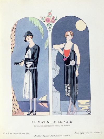 Día y noche, lámina 47 de "La Gazette du Bon Ton" que representa vestidos de día y de noche de Georges Barbier