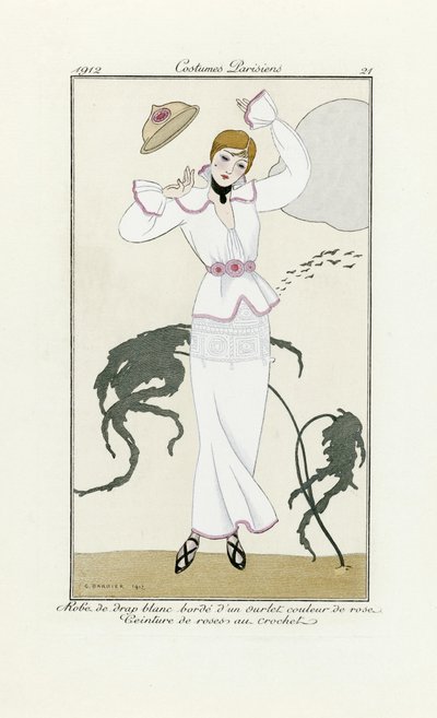 Diseño de vestido blanco con adornos rosas y cinturón de ganchillo, de Costumes Parisien, pub.1912 (impresión de pochoir) de Georges Barbier