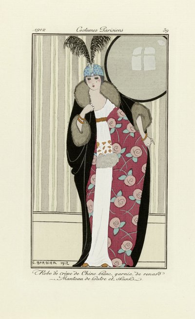 Diseño de vestido de crepé de chine y abrigo de piel, de Costumes Parisien, pub.1912 (impresión de pochoir) de Georges Barbier