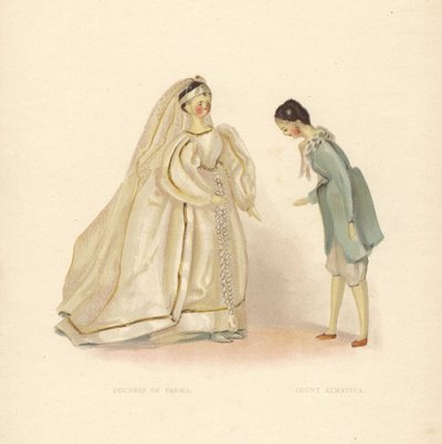 Muñecas de la Duquesa de Parma y el Conde Almaviva, de El Barbero de Sevilla, vestidas por la joven Princesa Victoria. Lámina en color según una ilustración de Alan Wright de Frances H. Low
