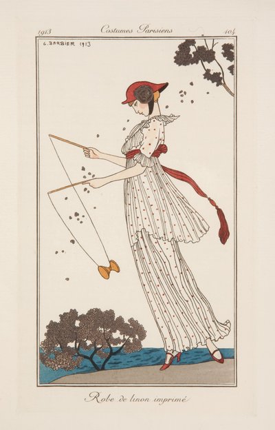 Vestido de lino estampado, ilustración de "Journal des Dames et des Modes". de Georges Barbier