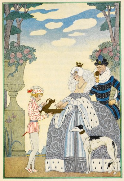 La Inglaterra isabelina. Una dama y un gemelo, y un sirviente. Un galgo. de Georges Barbier