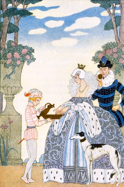 Inglaterra isabelina, de "El arte del perfume", pub. 1912 (impresión en pochoir) de Georges Barbier