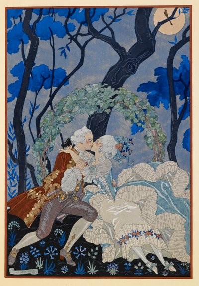 En Sourdine. Un hombre y una mujer besándose bajo la luz de la luna. de Georges Barbier