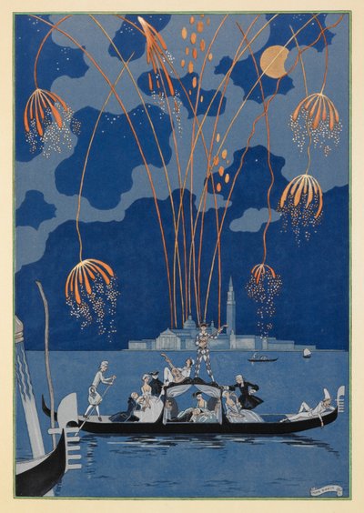 En bateau. Fuegos artificiales en Venecia. Gente en una góndola. de Georges Barbier