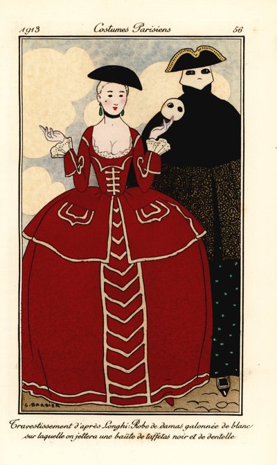Disfraces de Longhi. Mujer con vestido de damas ribeteado en blanco, capa de tafetán negro y encaje. Travestissements d