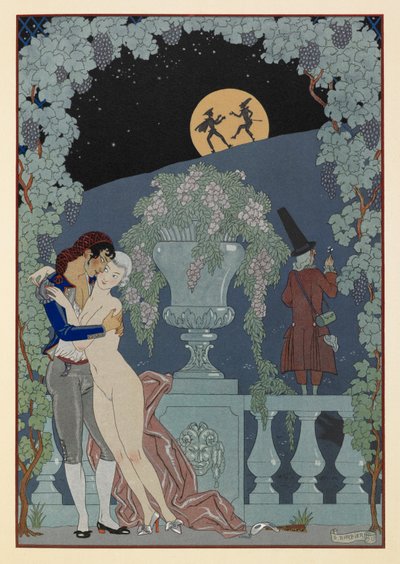 Fantoches. (Marionetas) de Fêtes Galantes, Scaramouche y Pulcinelle de Debussy. Hombre abrazando a una mujer desnuda. Dos figuras en silueta contra la luna. de Georges Barbier