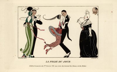 Parejas de moda bailando enérgicamente en un baile de Georges Barbier