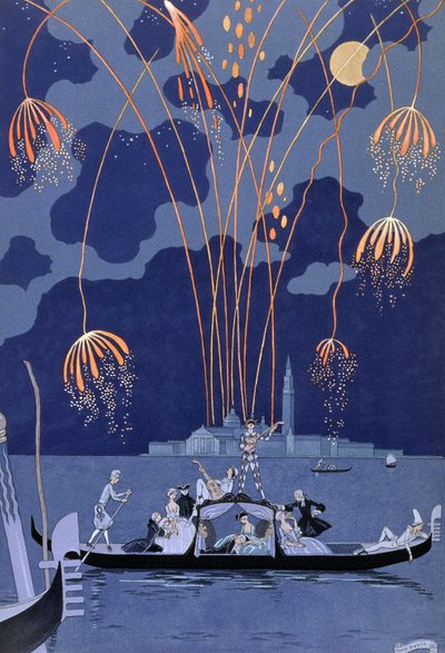 Fuegos artificiales en Venecia, ilustración para "Fetes Galantes" de Paul Verlaine (1844-96) 1924 (impresión en pochoir) de Georges Barbier