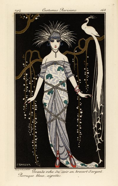 Gran vestido de noche en brocado plateado, peluca azul y plumas. de Georges Barbier