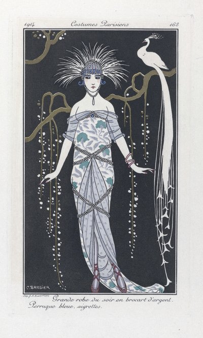 Gran vestido de noche en brocado plateado. Peluca azul, aigrettes, de Costumes Parisiens, pub.1914 (stencil print) de Georges Barbier