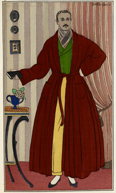 Hombre en bata. Ilustración de George Barbier (1882-1932), tomada del Journal des dames et des modes. París 1912-1914. The British Library Institution, Reference Shelfmark ID: P.P.5242.dc, pl.96, frente a la página 16. Hombre con vestimenta de Georges Barbier