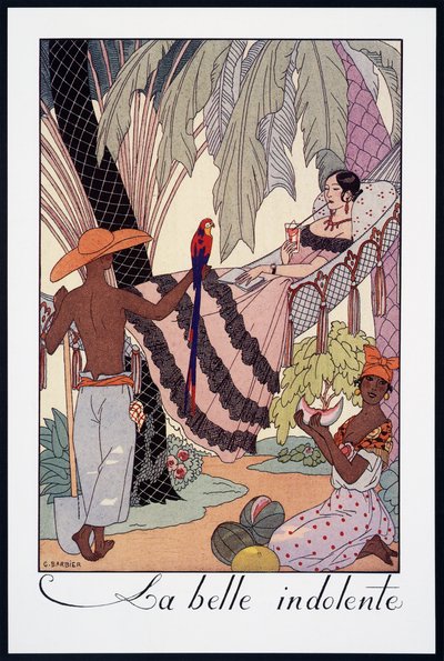 La Belle Indolente, litografía de George Barbier (1882-1932), de Falbalas et Fanfreluches, Almanach des Modes Presentes, Passees et Futures, Francia, siglo XX de Georges Barbier