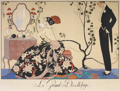 Le grand décolletage. Una mujer sentada en su tocador, admirada por un hombre. de Georges Barbier