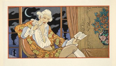 Carta LXXXVIII, Cecile Volanges al Vizconde de Valmont, extraída de "Les Liaisons Dangereuses" de Pierre Chodlerlos de Laclos (1741-1803), publicada. 1934 (impresión en plantilla) de Georges Barbier