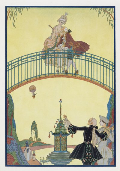 El amor en el puente, ilustración para "Fetes Galantes" de Paul Verlaine (1844-96) 1928 (impresión en pochoir) de Georges Barbier