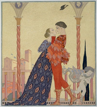 Amantes en un balcón (acuarela sobre papel) de Georges Barbier