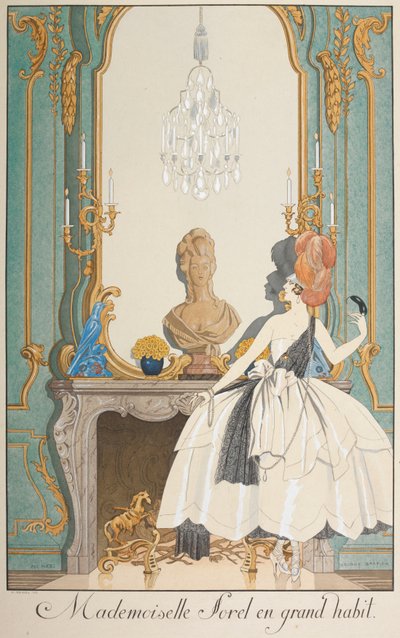 Mademoiselle Sorel con un gran hábito. Una mujer de pie frente a una chimenea. de Georges Barbier