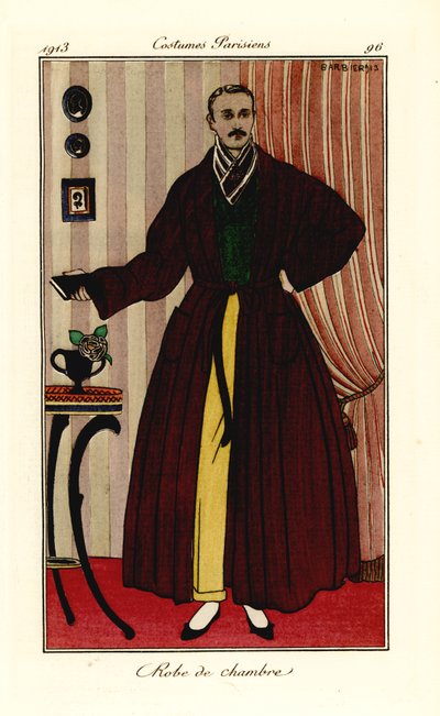 Hombre en bata sobre pantalón amarillo y chaleco verde. Robe de chambre. Grabado pochoir (stencil) coloreado a mano según una ilustración de George Barbier del Journal des Dames et des Modes de Tommaso Antongini, Aux Bureaux du Journal des Dames, París de Georges Barbier