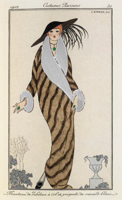Manteau de Liberline à col et poignets de renard blanc. Costumes Parisiens nº 30. La mujer lleva un abrigo de liberline a rayas con el cuello y los puños de zorro blanco. También lleva un gran sombrero negro con plumas y un collar de piedras verdes. de Georges Barbier