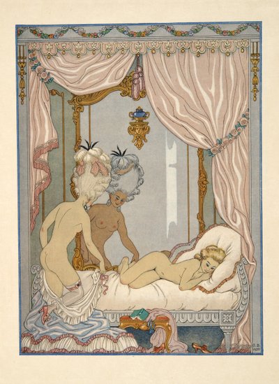 Visita de la marquesa de Merteuil a la habitación de Cécile de Volanges, ilustración de "Les Liaisons Dangereuses" de Pierre Choderlos de Laclos (1741-1803) pub. 1934 (impresión en plantilla) de Georges Barbier