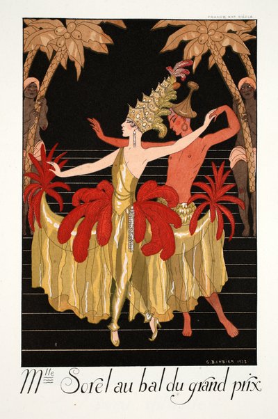 La señorita Sorel en el baile del Gran Premio, de "Falbalas & Fanfreluches, Almanach des Modes Présentes, Passées et Futures". de Georges Barbier