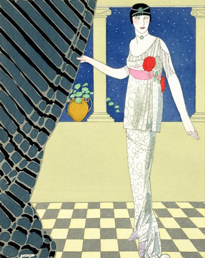 Mis invitados no han llegado, ilustración de una mujer con vestido de Redfern (impresión de pochoir) de Georges Barbier