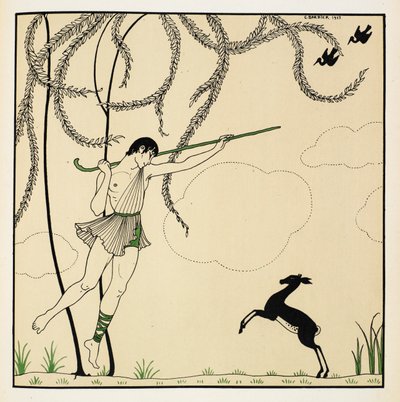 "Narcisse". Escena de Narcissse, un ballet clásico representado en un acto. Narcisse se estrenó en 1911 en Montecarlo. El niño está en el aire bailando, llevando un cayado de pastor, un cordero está de pie sobre sus patas traseras. de Georges Barbier