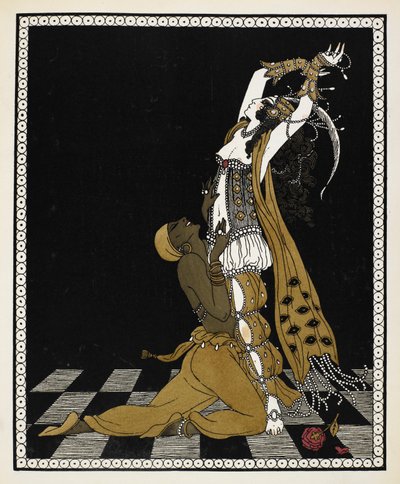 Nijinsky como el Esclavo de Oro en Sheherazade, una suite sinfónica compuesta por Nikolai Rimsky-Korsakov en 1888. Está arrodillado frente a Sheherazade, ambos vestidos con trajes de estilo árabe. de Georges Barbier