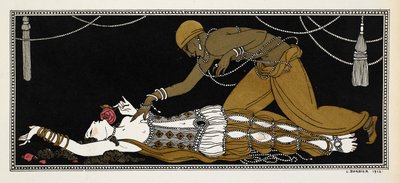 Nijinsky como el Esclavo de Oro en Sheherazade, una suite sinfónica compuesta por Nikolai Rimsky-Korsakov en 1888. Sheherazade está aquí en su lecho de muerte, el esclavo de oro inclinado sobre ella de Georges Barbier