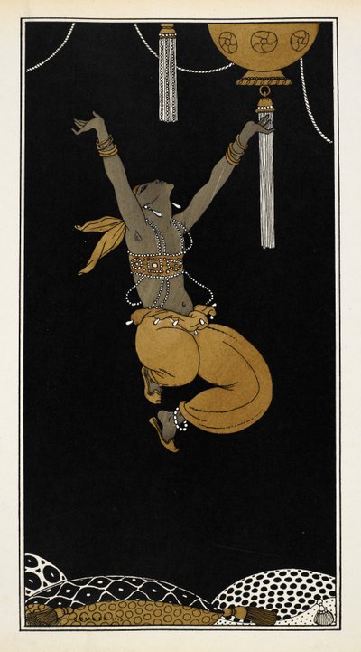 Nijinsky como el Esclavo de Oro en Sheherazade, una suite sinfónica compuesta por Nikolai Rimsky-Korsakov en 1888. Nijinsky está en el aire, en pleno salto. de Georges Barbier