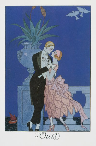 Oui, Dos jóvenes prometidas en traje de noche, litografía de George Barbier (1882-1932), de Falbalas et Fanfreluches, Almanach des Modes Presentes, Passees et Futures de Georges Barbier