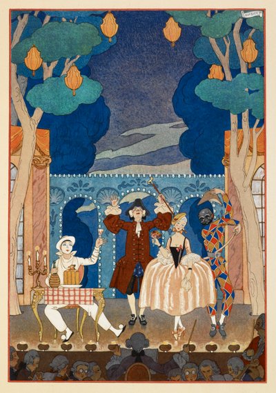 Pantomima. Pierrot y Arlequín. Un hombre y una mujer bonita. Todo en un escenario. de Georges Barbier