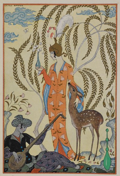 Persia. Una mujer con un cervatillo. Un músico. de Georges Barbier