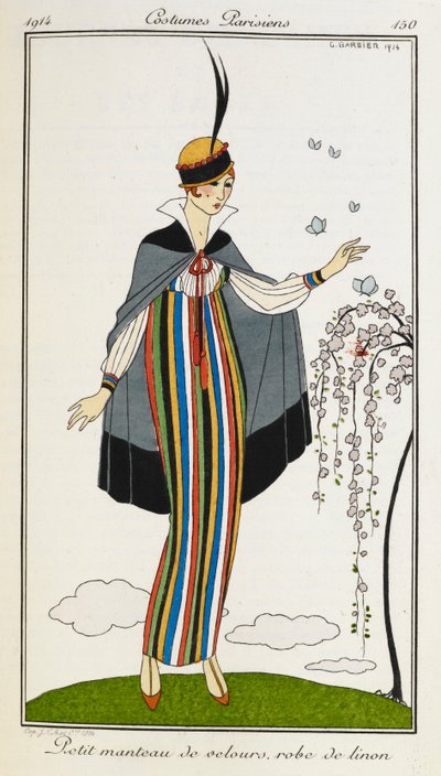 Petit manteau de velours, robe de linon. Mujer con un pequeño manto de terciopelo, con un vestido de lino a rayas, zapatos de barra de color naranja y un sombrero ribeteado en negro y rojo. Trajes parisinos. de Georges Barbier