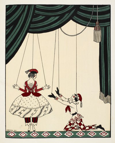 Petroushka". Escena de Petroushka, un ballet con música del compositor ruso Stravinsky. Dos marionetas en el escenario, sostenidas por hilos. El niño está arrodillado y tiende la mano a la niña. Ambos están vestidos con trajes estampados rojos y blancos a  de Georges Barbier