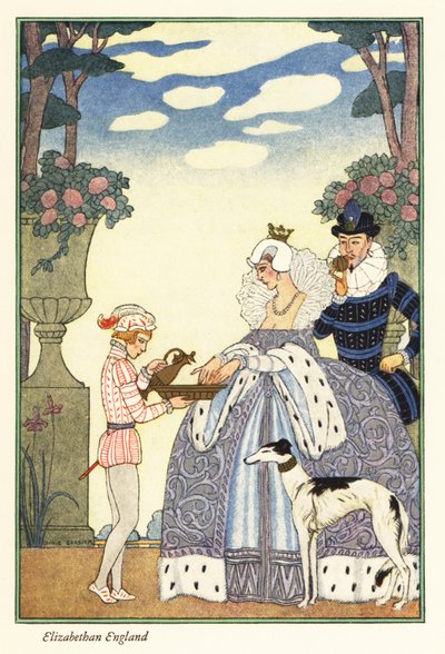 La reina Isabel se lava las manos en un cuenco sostenido por su paje. 1928 (impresión) de Georges Barbier