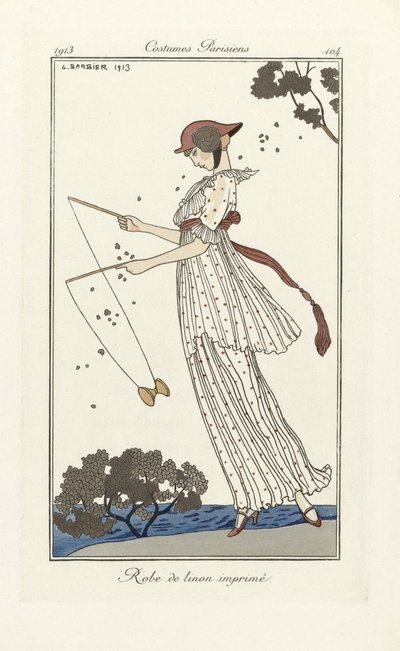 Vestido de lino estampado, de Costumes Parisien, pub.1913 (impresión en plantilla) de Georges Barbier
