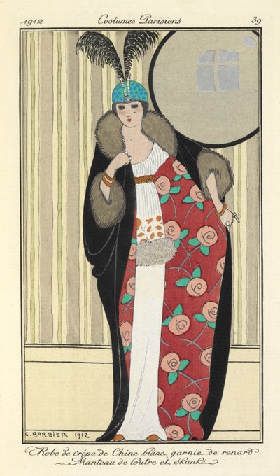 "Vestido de crepe de chine blanco con ribetes de zorro. El pelaje de las nutrias y las mofetas". de Georges Barbier