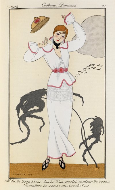 Bata de pañuelo blanco con bordado de un volante de color rosa. Ceinture de roses au crochet. Costumes Parisiens nº 21. La mujer lleva un vestido de tela blanca adornado con un dobladillo de color rosa y un cinturón rosa. También lleva tacones negros y un  de Georges Barbier