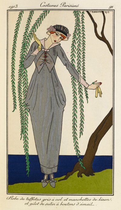 Vestido de tafetán con cuello gris y manchetas de lino y chaleco de raso con botones de esmalte. Mujer con vestido de tafetán con cuello gris y puños de lino y chaleco de raso con botones de esmalte. Trajes parisinos nº 39 de Georges Barbier