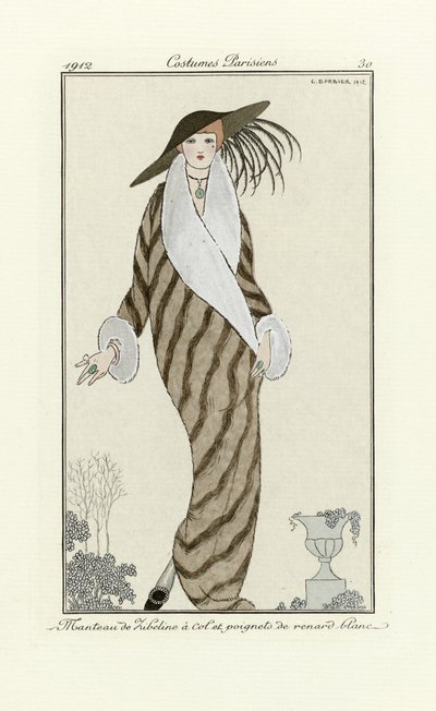 Abrigo de marta con ribetes de zorro blanco, de Costumes Parisien, pub.1912 (impresión de pochoir) de Georges Barbier